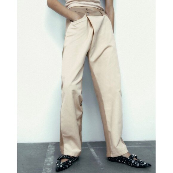 Zara Women's Contrasting Trim Crossover Waist Beige Khaki Pants Size M - Picture 3 of 6